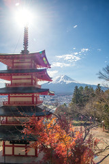 View of Chureito pagoda with Fuji mountain background in Fujiyoshida, Japan.