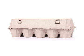 Brown paper egg box isolated on white background.