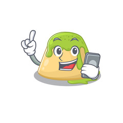 Mascot design of pudding green tea speaking on phone