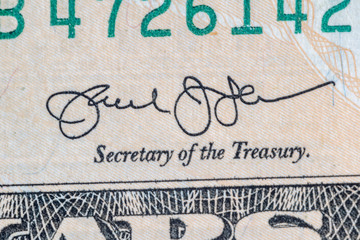 United States Secretary of the Treasury Jack Lew's signature on 10 US dollar banknote.
