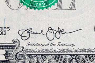 United States Secretary of the Treasury Jack Lew's signature on 1 US dollar banknote. © Robson90