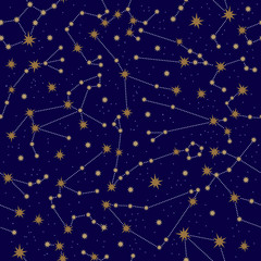 Zodiac constellation seamless pattern. Golden constellations and stars on a dark background. Horoscope signs in the starry sky. The space of the galaxy. For print design, textile, packaging paper.