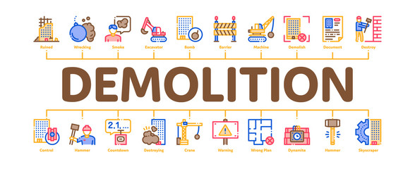 Demolition Building Minimal Infographic Web Banner Vector. Crane With Wrecking Ball And Fence, Hammer And Dynamite Construction Demolition Illustrations © PikePicture