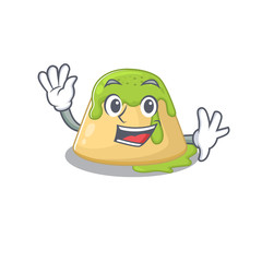 Smiley pudding green tea cartoon mascot design with waving hand
