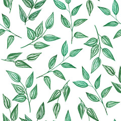 Naklejka na ściany i meble Watercolor leaf and branch seamless pattern on white background. Isolated elements. Illustration for textile, restourants, flower shops.