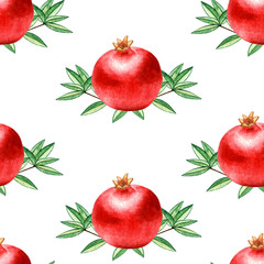 Watercolor pomegranate pattern. Elements on white background.  Illustration for menu, catalog, restaurant, cartoon, game, kitchen, textile, decor.