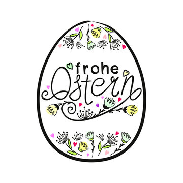 Frame in the shape of an Easter egg with the inscription Happy Easter in German language. Hand drawn Easter typography with flowers for greeting cards isolated on white background. Vector Illustration