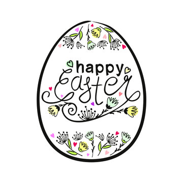 Frame in the shape of an Easter egg with the inscription Happy Easter. Hand drawn Easter typography with flowers for greeting cards isolated on white background. Vector Illustration