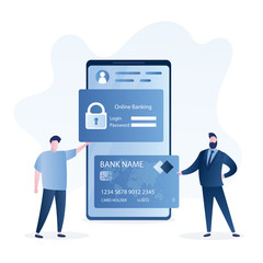 Online banking concept. Secure payments and e-wallet. User holding login and password page,handsome businessman with credit card