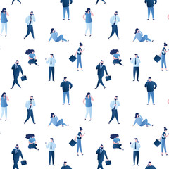 Fototapeta na wymiar Seamless pattern of tiny business people. Diverse collection of small men and women in business suits. Tiny people use smartphones.