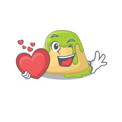 A romantic cartoon design of pudding green tea holding heart