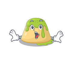 A cartoon character of pudding green tea making a surprised gesture