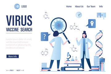 Health care and vaccine search landing page template. Women scientists study molecule virus.