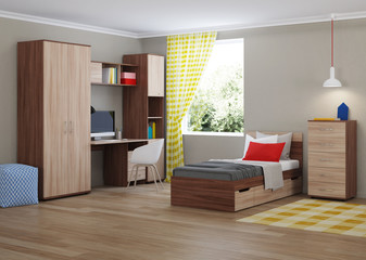 Cozy stylish bedroom designed for a teenager. Bright interior with bright accents. 3D rendering.