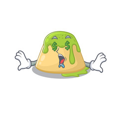 Rich pudding green tea with Money eye mascot character style
