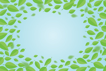 Background with green flying leaves. Leaves fly on the sky background.