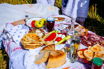 Woman is preparing breakfast in retro style, like old times