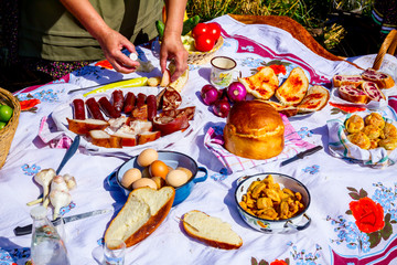 Woman is preparing breakfast in retro style, like old times