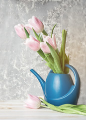 A beautiful bouquet of pink tulips in a water can on a light background.