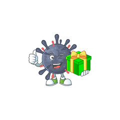 Cheerful coronavirus epidemic cartoon character holding a gift box