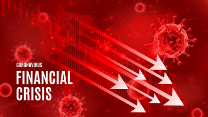 Coronavirus financial crisis vector banner concept. Background concept with falling arrows and candlestick stock charts. Vector illustration with 3d microscopic bacteria and viruses.