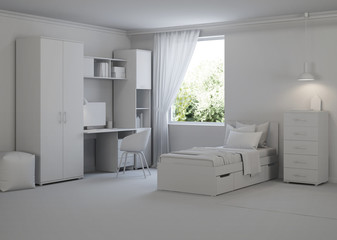 Fototapeta na wymiar Cozy stylish bedroom designed for a teenager. Gray interior. 3D rendering.