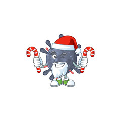 Friendly coronavirus epidemic in Santa Cartoon character with candies