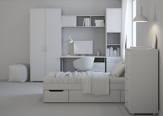 Cozy stylish bedroom designed for a teenager. Gray interior. 3D rendering.