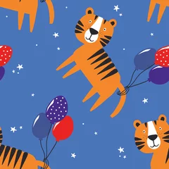 Foto op Plexiglas Dieren met ballon Gelukkig tijgers, met de hand getekende achtergrond. Kleurrijk naadloos patroon met dieren, luchtballons. Decoratief schattig behang, goed om te bedrukken. Overlappende achtergrond vector. Ontwerp illustratie