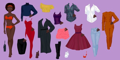 Paper doll of a pretty black girl with clothes
