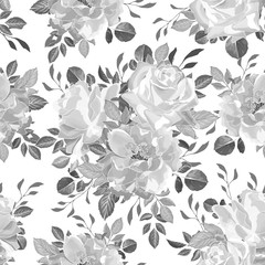 Gray floral monochrome seamless pattern with flowers rose and leaves on white background. Hand drawn. For design textile, wallpapers, wrapping paper, prints. Vector stock illustration.