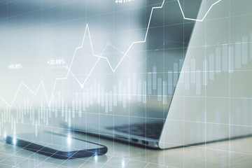 Abstract creative financial graph on modern laptop background, forex and investment concept. Multiexposure