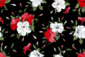 Deurstickers Floral seamless pattern with petunia. White, red flowers and green leaves on black background. Hand drawn. For design, textile, print, wallpapers, wrapping paper. Vector stock illustration. © Irina