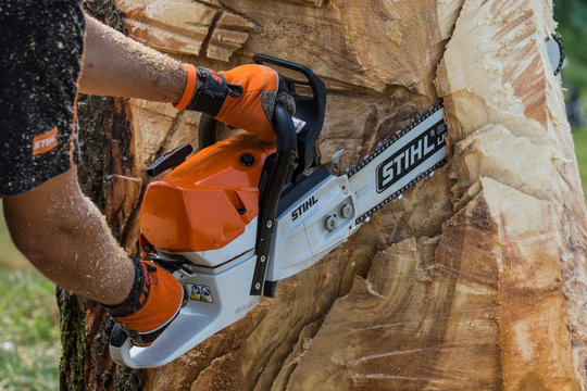 Khmelnitsky. Ukraine. June 22, 2019.Stihl chainsaw in Khmelnitsky. Stihl is a German manufacturer of chainsaws and other handheld power equipment
