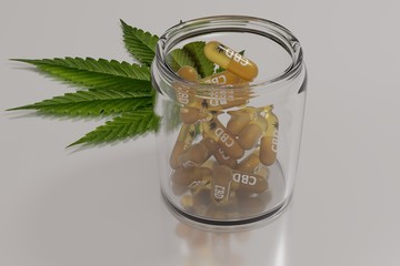 Glass jar with CBD cannabis oil capsules and hemp leaf in the background. 3D render.