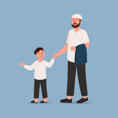 Muslim Father and Son Walk Together Cartoon Flat Illustration