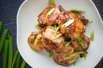 Sichuan chicken, Asian cuisine on dark background