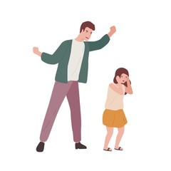 Crazy father screaming to little fear daughter vector flat illustration. Innocent baby girl victim of domestic violence of angry dad isolated on white background. Parents and children relationship