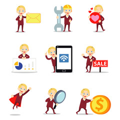 Set character of man as a cracked porcelain doll with cute face.