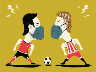 Soccer / Football European and national championships in jeopardy. 2020 virus theme Football. Poster football players face each other with ball in Medical protective bandage. - 329735282