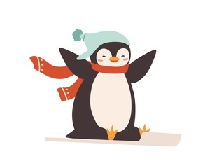 Smiling cartoon cute penguin in warm hat and scarf riding on sled vector flat illustration © Good Studio