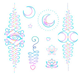 Lotus and Sacred Geometry. Unamole hindu symbol of wisdom and path to perfection. Set of tattoo flesh, yoga logo, Buddhism design. Boho print, poster, t-shirt textile. Isolated vector illustration set