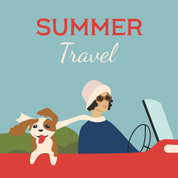 Summer travel. 1920s style illustration. Girl travels with dog