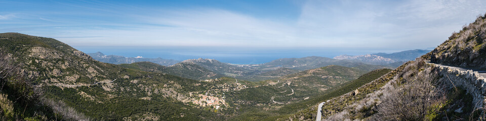 Panoranic view of Corsican coastline and Palasca village
