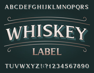 Whiskey Label alphabet font. Vintage letters and numbers. Vector typeface for your typography design.