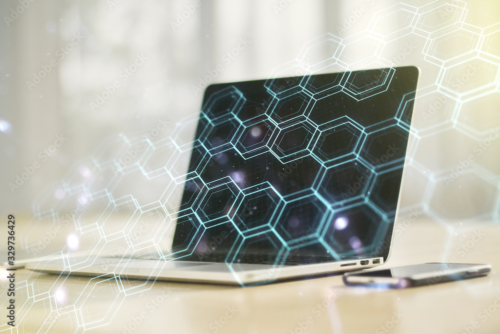 Aufkleber creative abstract technology sketch with hexagon grid on modern laptop background, future technology