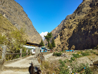 Nepal valley on the trekking of the Annapurna circuit. Hymalaya mountains.