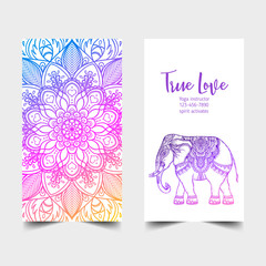 Stretch and Strength. Yoga card design. Colorful template for spiritual retreat or yoga studio. Ornamental business cards, oriental pattern. Vector illustration.