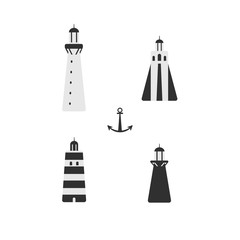 Set of the lighthouses. Monochrome vector illustration. Simple marine icons.