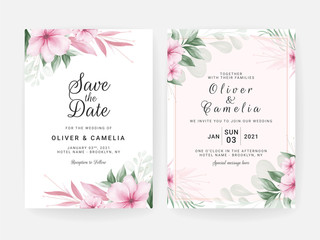 Floral wedding invitation card template set with watercolor flowers arrangements and border. Greenery decoration for save the date, greeting, cover. Botanic illustration vector